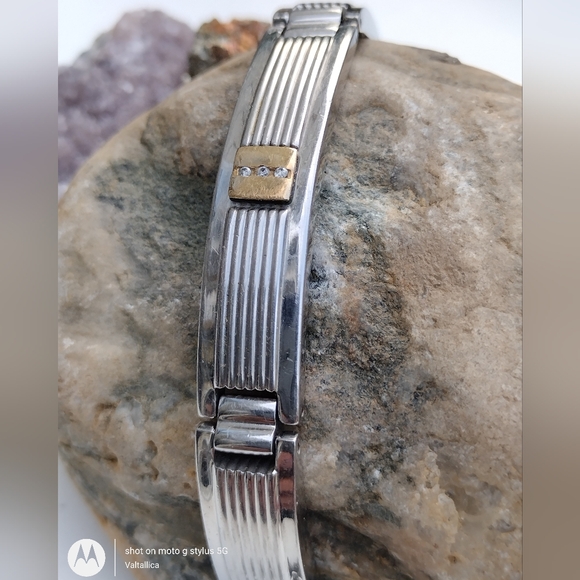 Channel Set Natural Diamond 10K Solid Gold Stainless Steel Panel Link Bracelet - Picture 4 of 8